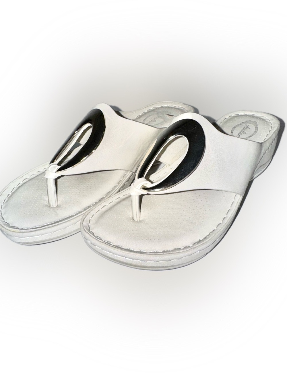 Soft White Low Heel Thong Open Back Sandals with Metal Ring Accent, Sz 8